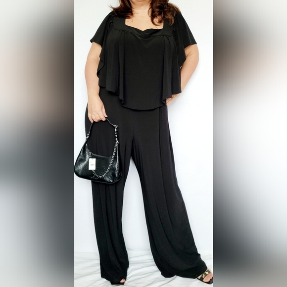 Emma & Michele Pants - Emma & Michelle Plus Size Jumpsuit Stretch Pull On Flutter Sleeves Black 3X